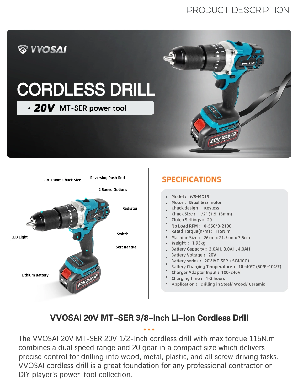 Ready Stock Durable Vvosai 20V Portable Electric Screwdriver